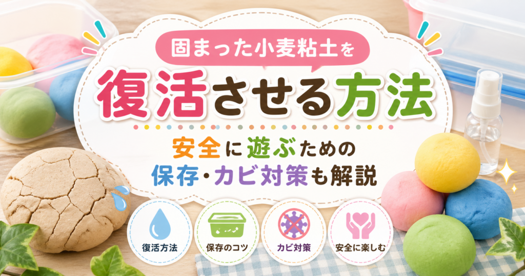 固まった小麦粘土を復活させる方法を紹介するアイキャッチ画像。保存・カビ対策・安全に遊ぶポイントを中央の文字で訴求。