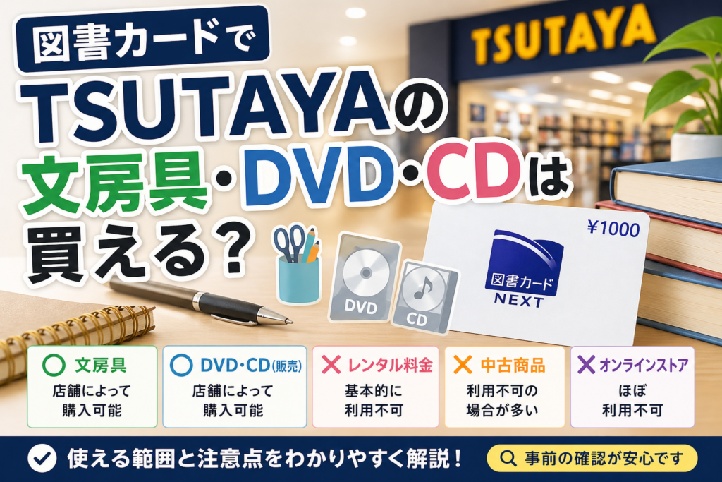図書カードでTSUTAYAの文房具・DVD・CDが買えるかを解説するアイキャッチ画像