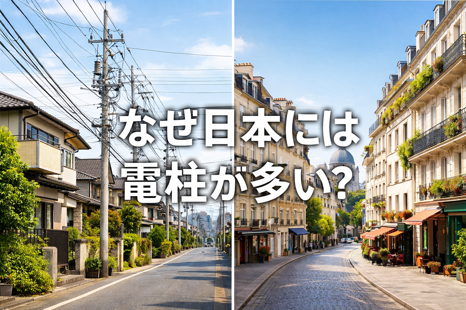 日本の住宅街の電柱と電線の風景と、電柱のない海外の街並みを比較したイメージ