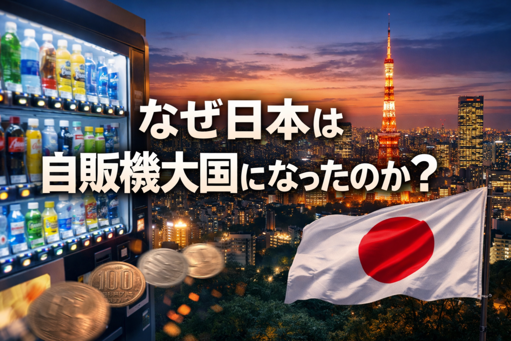 なぜ日本は自販機大国になったのか？東京の夜景と自動販売機を背景にした解説イメージ
