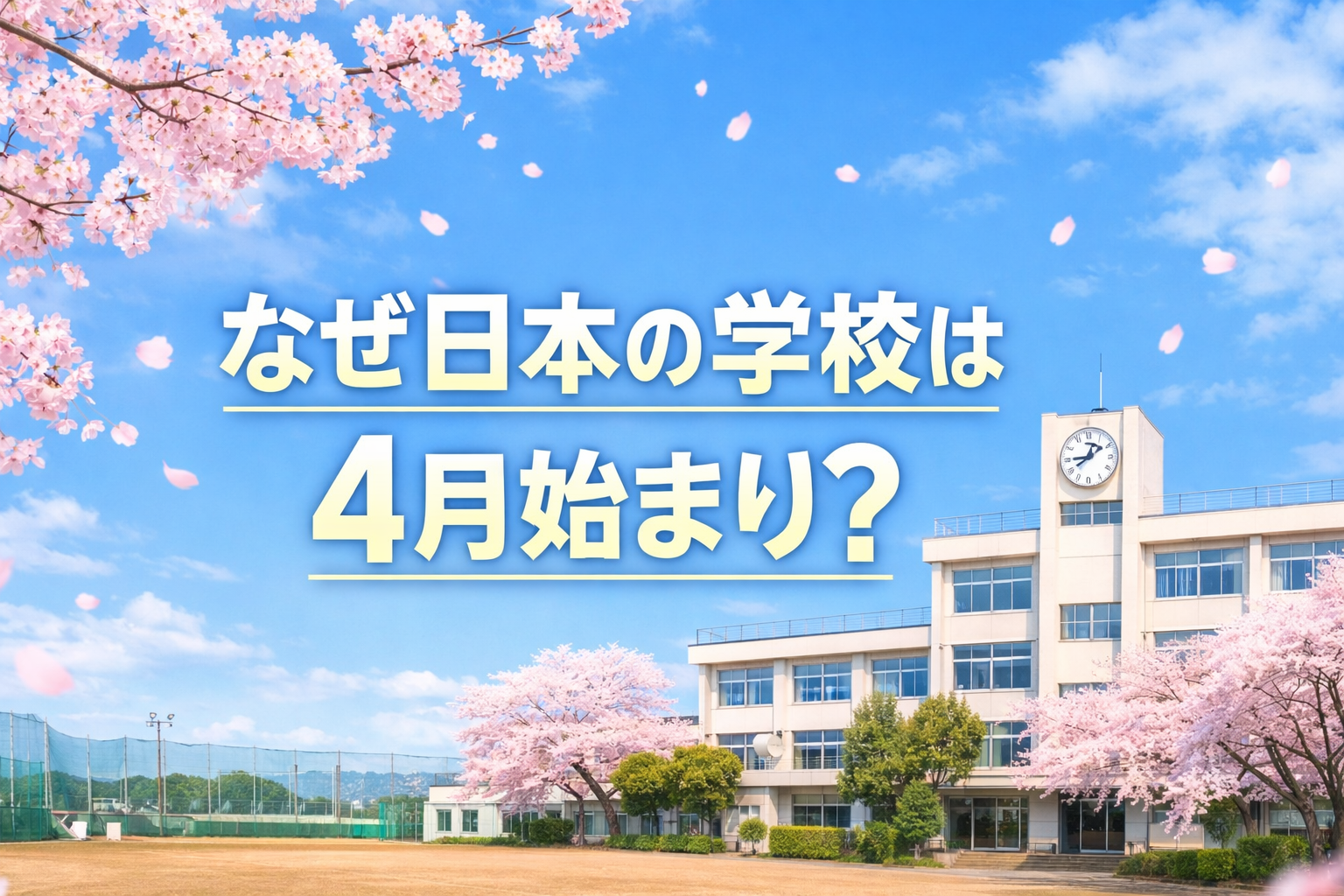桜の咲く季節に始まる日本の新学期をイメージした学校風景