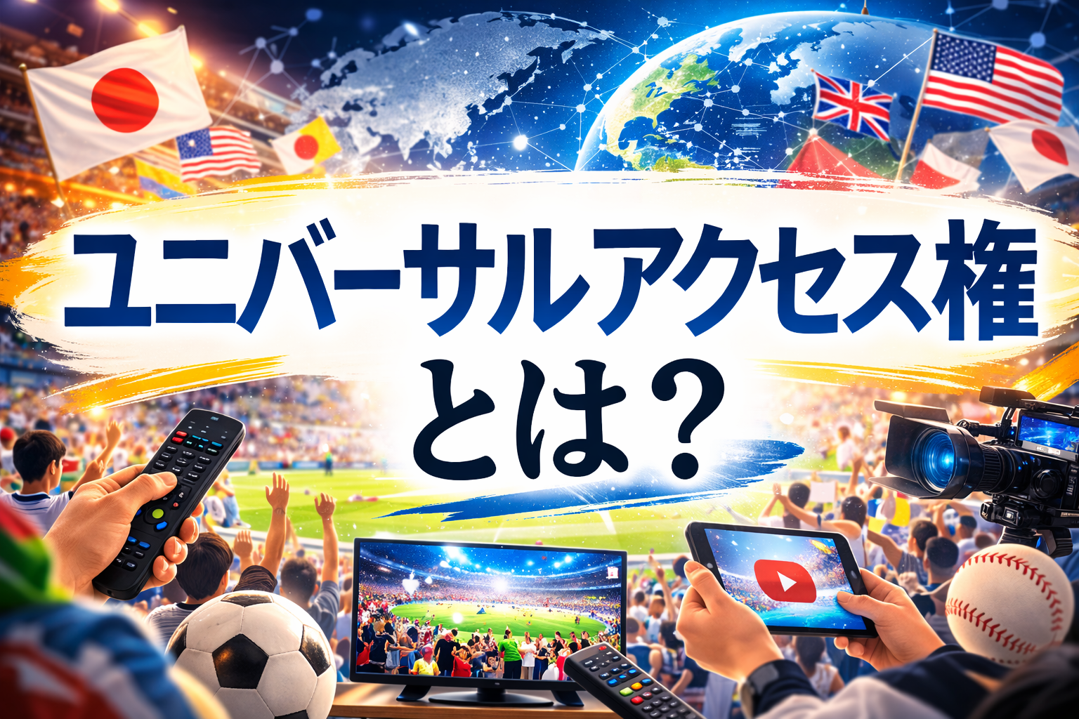 ユニバーサルアクセス権の概念を示すスポーツ放送のイメージ。テレビやスマートフォンで試合を観戦する人々と国際スポーツイベントの雰囲気。