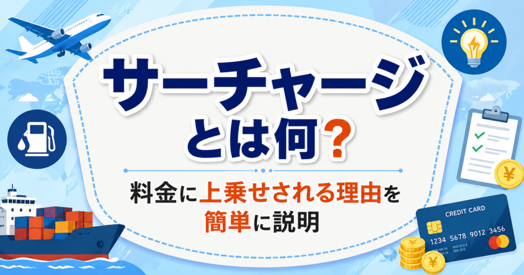 サーチャージの意味を解説するアイキャッチ画像。航空機、燃料、物流、クレジットカードのイラストとともに、料金に上乗せされる理由をわかりやすく表現している。
