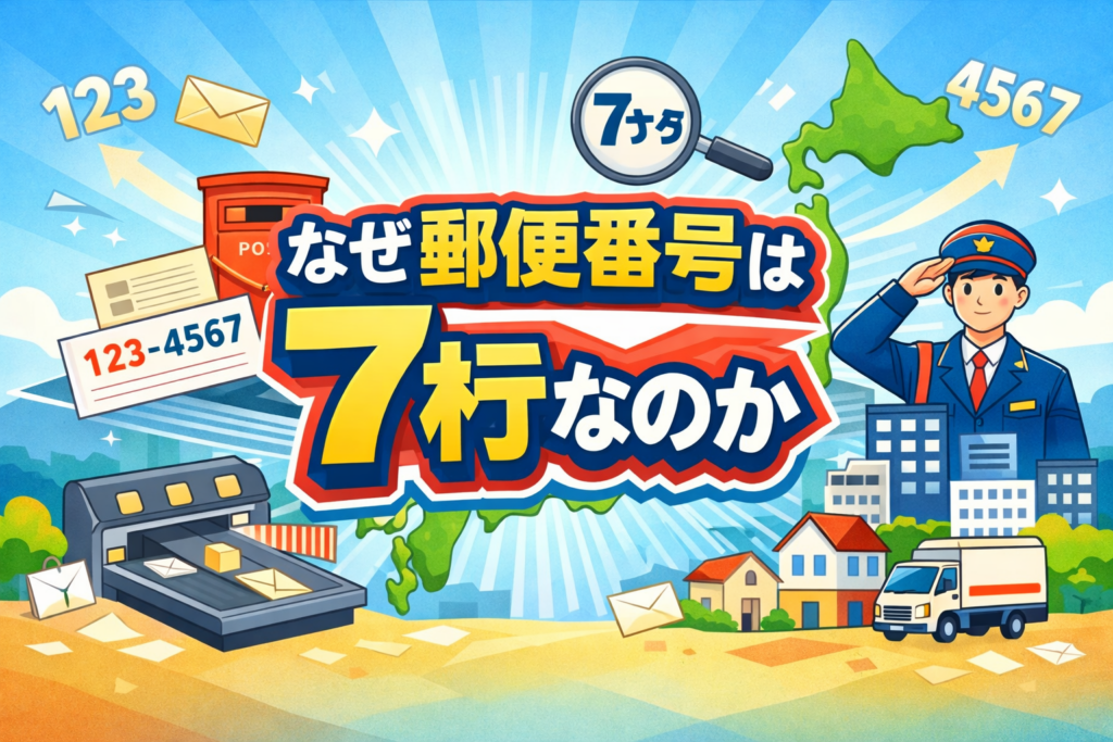郵便番号が7桁の理由を、ポストや封筒、日本地図で表現した横長アイキャッチ画像