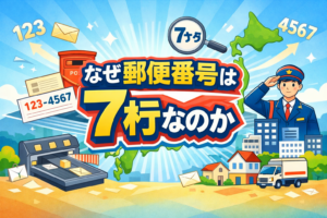 郵便番号が7桁の理由を、ポストや封筒、日本地図で表現した横長アイキャッチ画像