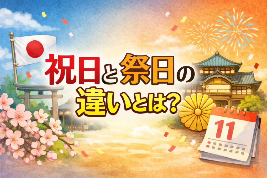 祝日と祭日の違いをテーマにした横長アイキャッチ画像。中央に「祝日と祭日の違いとは？」の文字があり、背景には日の丸、鳥居、桜、花火、和風建築、カレンダーが描かれている。