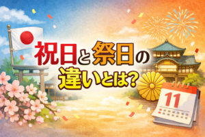 祝日と祭日の違いをテーマにした横長アイキャッチ画像。中央に「祝日と祭日の違いとは？」の文字があり、背景には日の丸、鳥居、桜、花火、和風建築、カレンダーが描かれている。
