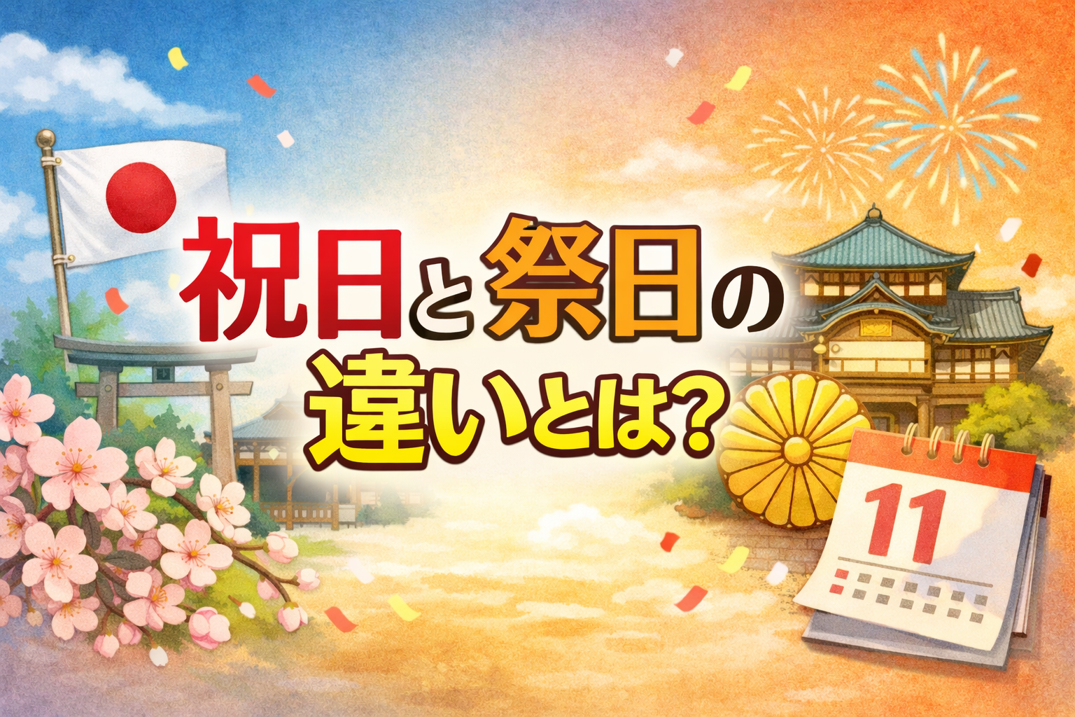 祝日と祭日の違いをテーマにした横長アイキャッチ画像。中央に「祝日と祭日の違いとは？」の文字があり、背景には日の丸、鳥居、桜、花火、和風建築、カレンダーが描かれている。
