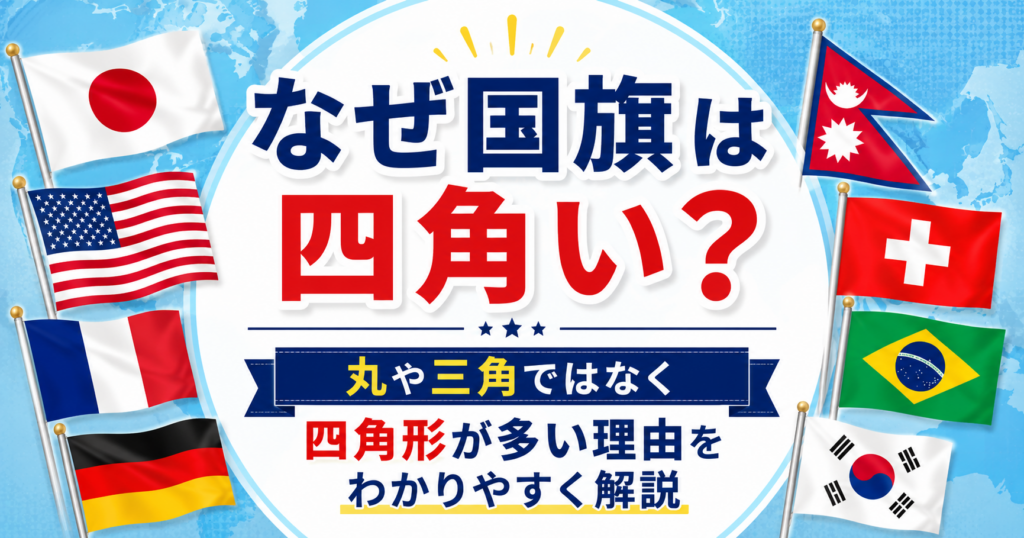 なぜ国旗は四角いのかを解説する、世界の国旗と地図を背景にしたアイキャッチ画像
